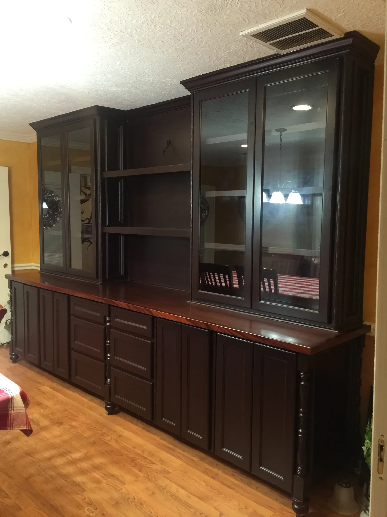 Home office credenza built-in with file drawers, printer cabinet, and cable management